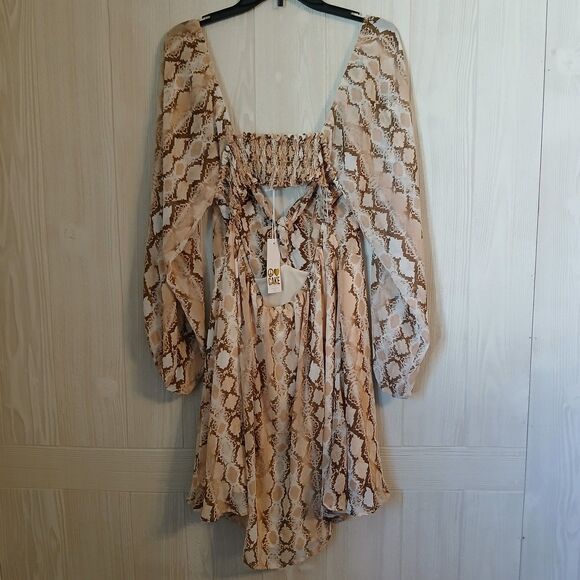 Cake Women's Size L Brown Beige Desert Python Snake Print High Low Dress - Picture 2 of 10